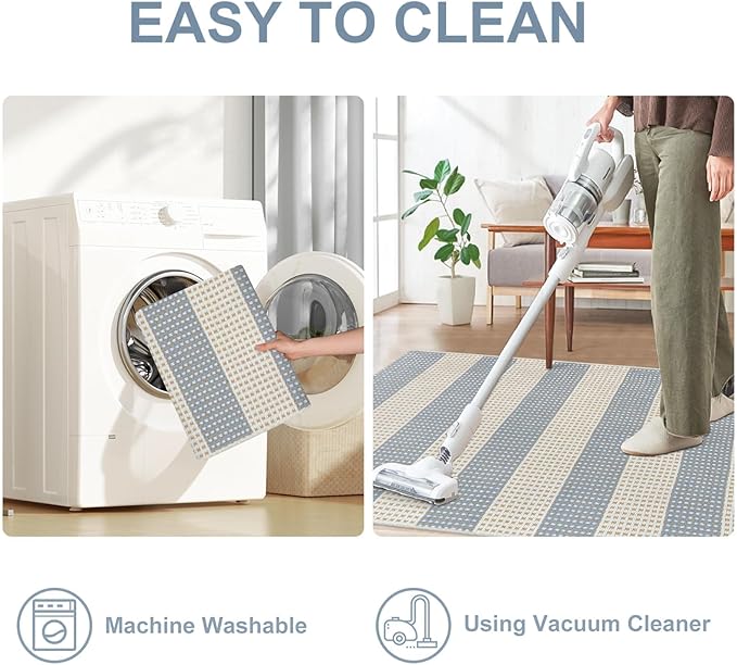 OJIA Washable Outdoor Rug 3'x5', Blue/White/Tan Outdoor Area Rug Entryway Rugs Indoor Door Mat Front Porch Rug Cotton Small Checkered Rug Floor Carpet for Entry/Patio/Bedroom/Living Room