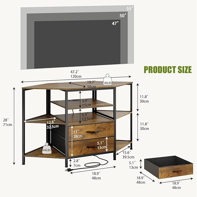 Corner TV Stand for 55 Inch TV, Farmhouse Entertainment Center with 2 Drawers Storage, Corner TV Console with Power Outlet, Retro Brown Media Console for Living Room, Brown