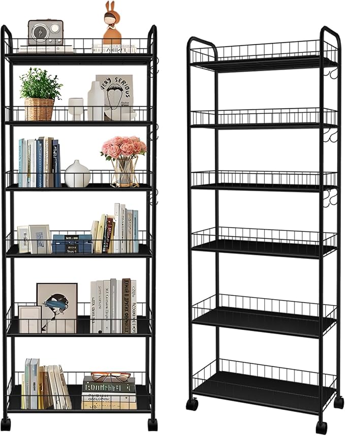 6-Tier Slim Storage Cart with Wheels,10in Wide Black Narrow Rolling Shelf,Sturdy Slim Storage Ideal for Kitchen, Bathroom, and Laundry Room