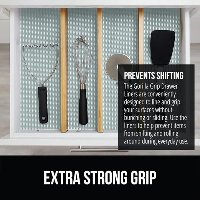 GORILLA GRIP powerGRIP Drawer Shelf and Cabinet Liner, Thick Strong Hold, Non-Adhesive Liners Protect Kitchen Cabinets and Cupboard, Bathroom Drawers, Easy Install, Breathable Mat, 12" x30', Spa Blue