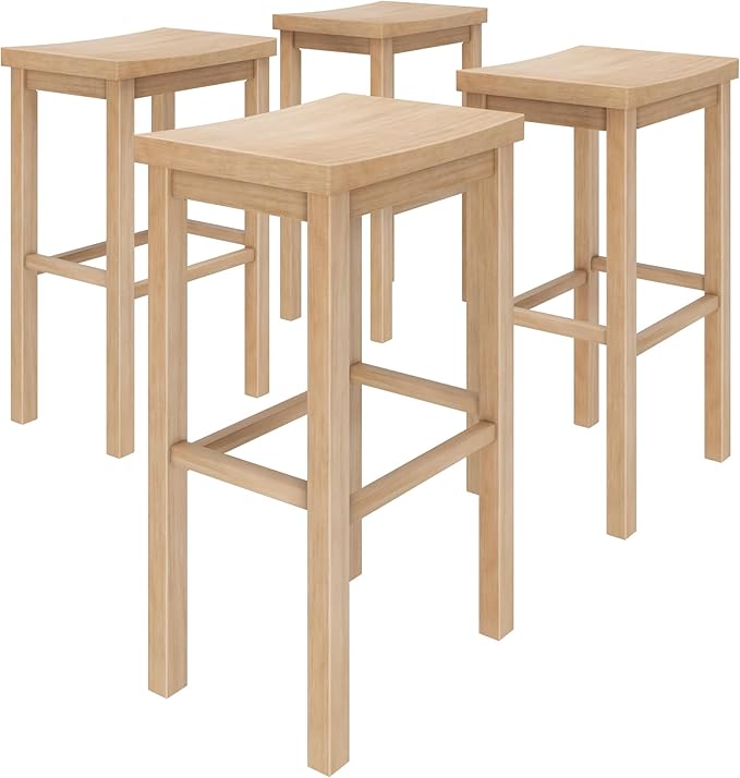 Grain & Grove Smith Collection Set of 4 Solid Wood Bar Stools, 30 inch Saddle-Seat Bar Chairs, Backless, Heavy-Duty Construction, Footrest Support, for Kitchen Islands, Home Bars, and Counters, Blonde
