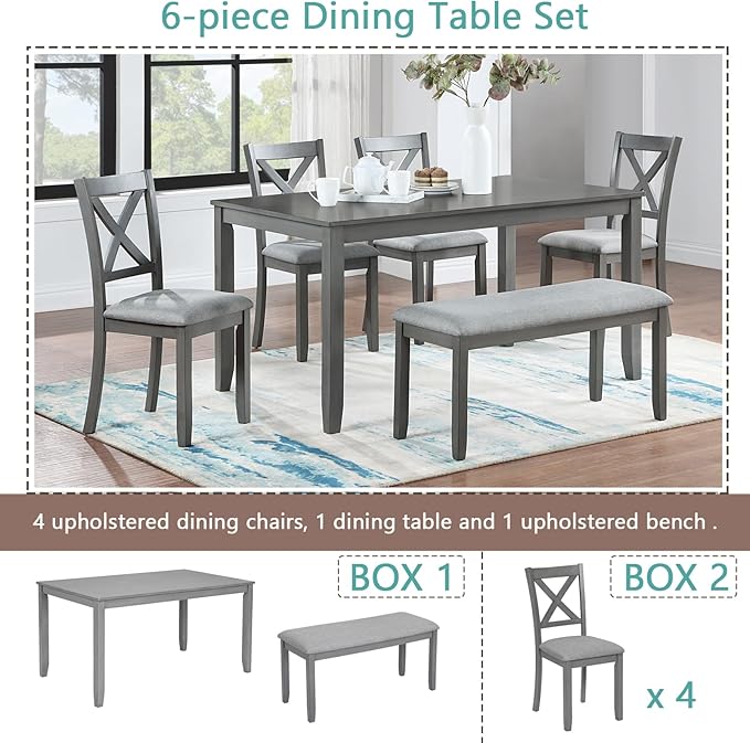 soges 6 Piece Kitchen Dining Set, Rectangular Wooden Dining Table with 4 Upholstered Chairs and a Bench, Dining Table Set for 6 People, Living Room, Home Bar and Kitchen, Gray