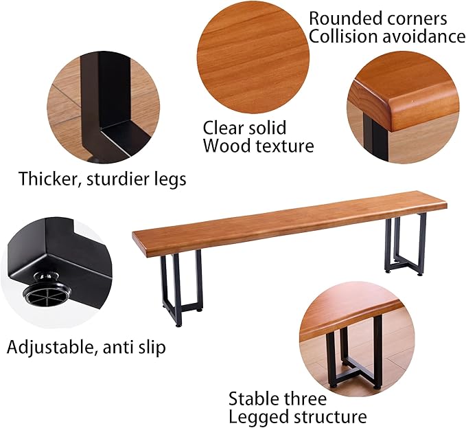Durable Solid Wood Top Bench with Metal Triangular Legs – Stylish Long Dining Bench for Home, Office, Restaurant & Patio (Wooden Brown Bench, 78.74in)