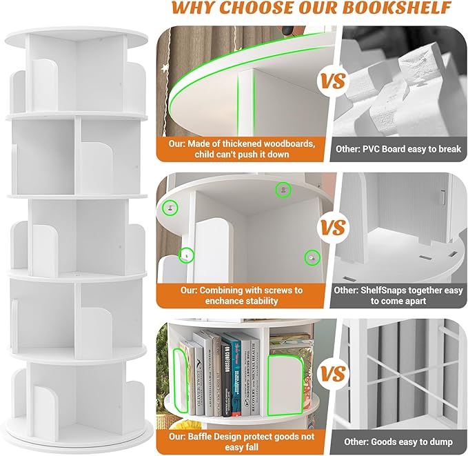 Aheaplus Rotating Bookshelf, 360 Display Wood Spinning Bookshelf Tower, 5 Tier Floor Standing Bookcase Storage Rack, Revolving Bookcase Corner Bookshelfs for Small Space, Bedroom, Study Room, White