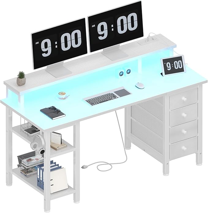 Lufeiya White Desk with Drawers Storage - 47 inch Home Office Computer Gaming Desks with Monitor Stand LED Lights and Power Outlets, White