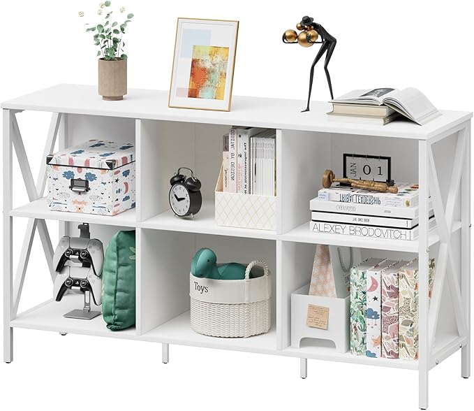 Horizontal Bookshelf Bookcase,6 Cube Storage Organizer with Open Shelf,47 Inch Industrial Low Wide Wood and Metal Cubby Shelf,Long Shelving Unit for Home Office Living Room(White,6 Cube)