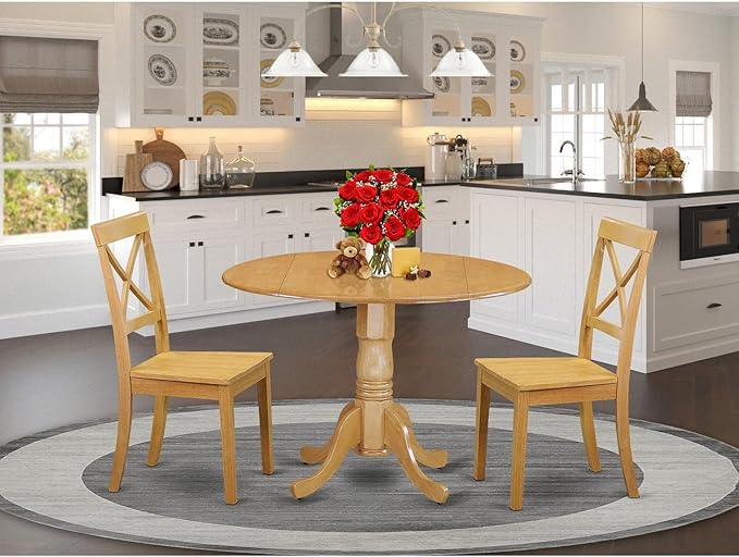 East West Furniture DLBO3-OAK-W 3 Piece Dining Set Contains a Round Dining Room Table with Dropleaf and 2 Wood Seat Chairs, 42x42 Inch, Oak