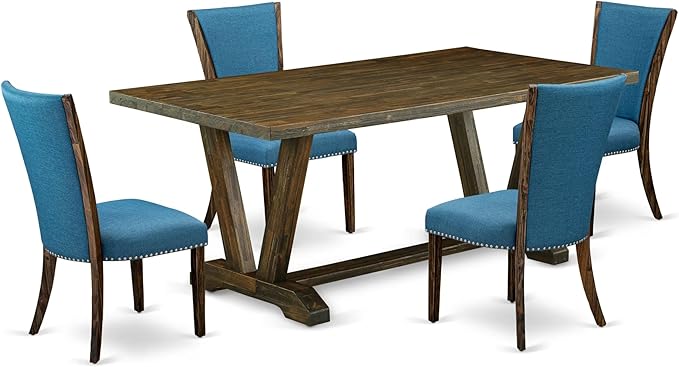 East West Furniture V777VE721-5 5 Piece Dining Set Includes a Rectangle Dining Room Table with V-Legs and 4 Blue Color Linen Fabric Upholstered Parson Chairs, 40x72 Inch, Multi-Color