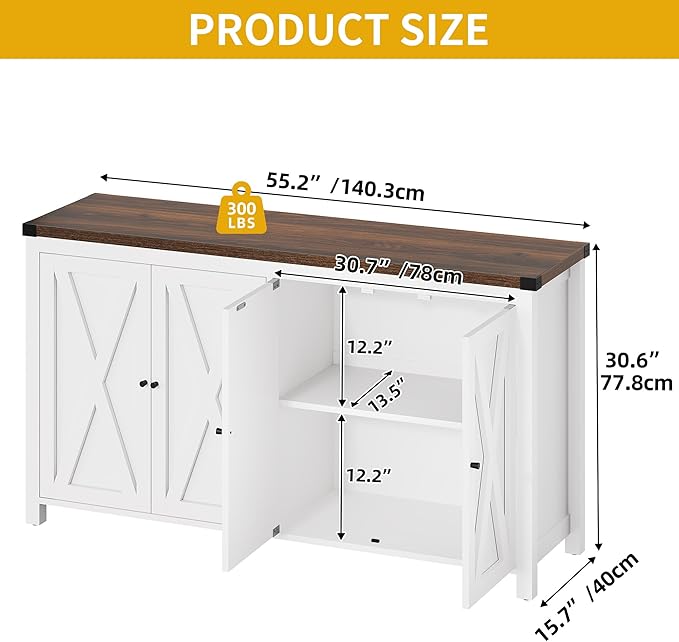 DWVO 55'' Sideboard Buffet Cabinet with Storage, Farmhouse Kitchen Storage Cabinet with 4 Doors, Coffee Bar Cabinets with Adjustable Shelves for Kitchen, Living Room, White&Brown