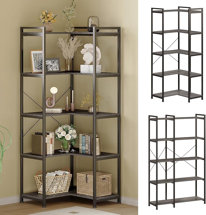 Tohomeor Bookshelf 5 Tier Deformable Corner Bookcase Free Standing Modern Industrial Book Storage Display Book Shelf for Bedroom Living Room Study Room Office (Dark Grey)