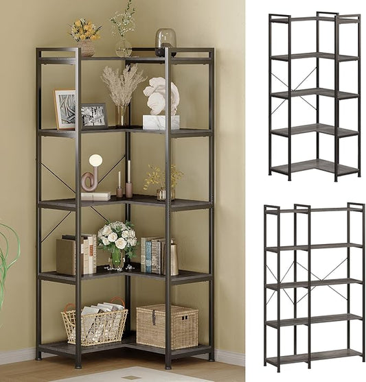 Tohomeor Bookshelf 5 Tier Deformable Corner Bookcase Free Standing Modern Industrial Book Storage Display Book Shelf for Bedroom Living Room Study Room Office (Dark Grey)
