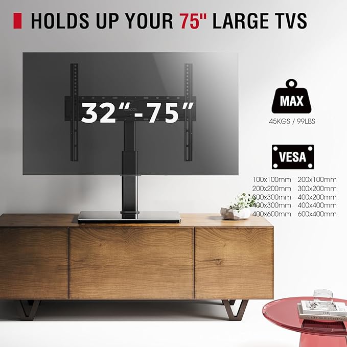Swivel Universal TV Stand for 32-75 inch TVs with Tilt Down/Up, 8 Levels Height Adjustable Table Top TV Mount Stand with Stable Heavy Duty Tempered Glass Base, MAX VESA 600x400 mm, up to 99lbs, Black