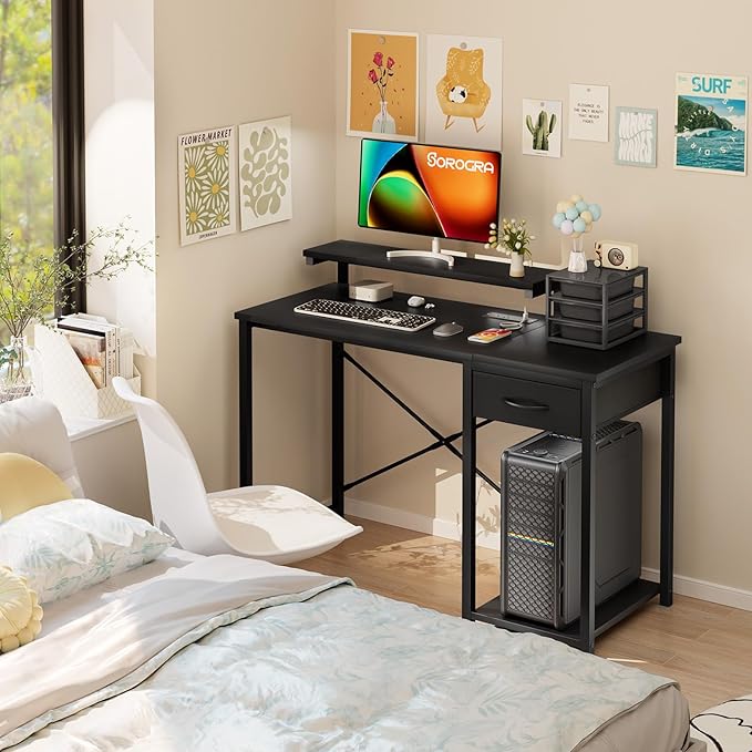 Computer Desk with Adjustable Monitor Stand, 47.2 in Small Desk with Reversible Storage Shelves, Office Desk with Spacious Desktop Spaces for Home Bedroom Workstation, Black