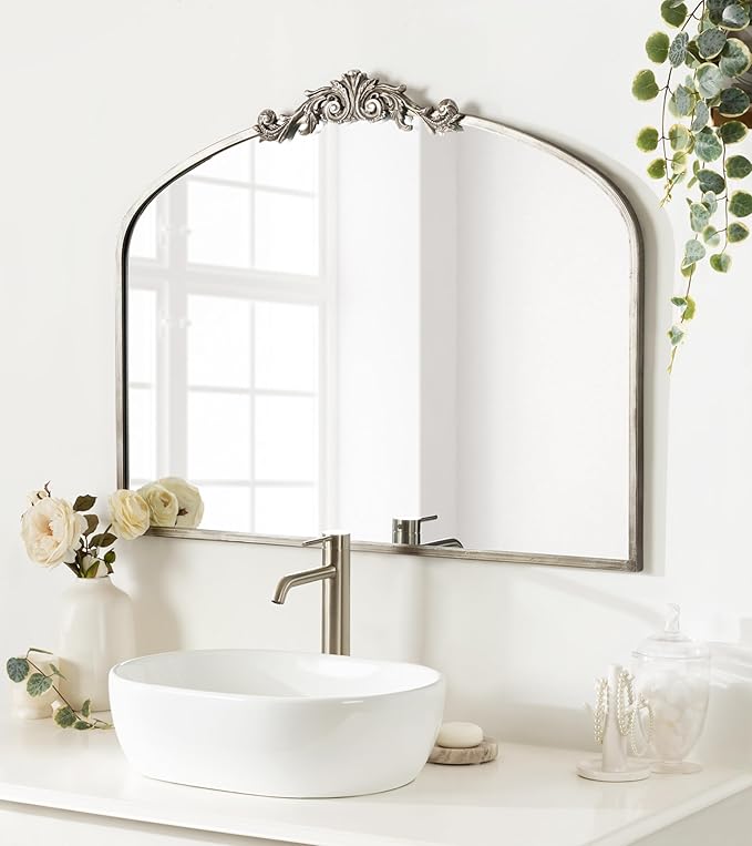 Kate and Laurel Arendahl Ornate Traditional Arched Mirror; 36 x 29; Silver; Decorative Baroque Style Arched Wall Mirror with Wide Frame and Ornamental Crown