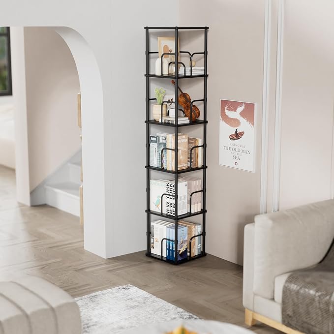 5 Tier Square Rotating Bookshelf, 360 ° Display Stackable Spinning Bookshelf Tower, Space Saving Tall Floor Standing Swivel Bookcase Corner Storage Organizer for Living Room, Black, Small Size
