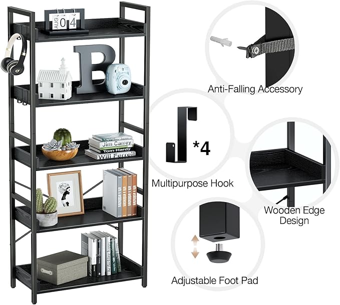 Rolanstar Bookshelf 5 Tier with 4 Hooks, Industrial Wood Bookcase, Vintage Storage Rack with Open Shelves, Rustic Standing Bookshelves Metal Frame Display Rack for Living Room, Bedroom, Black