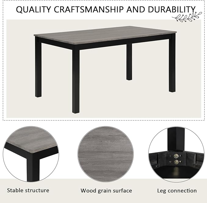 KEIKI 6-Piece Standard Height Dining Table Set with Rectangular Table, 4 Upholstered Curved Backrset Chair, Bench, for 6 Person, Modern Table Set, Easy Assembly, for Kitchen, Dining Room, Black+Gray