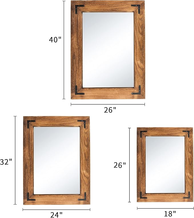 YOSHOOT Rustic Wooden Framed Wall Mirror, Natural Wood Bathroom Vanity Mirror for Farmhouse Decor, Vertical or Horizontal Hanging (26" x 18", Brown)