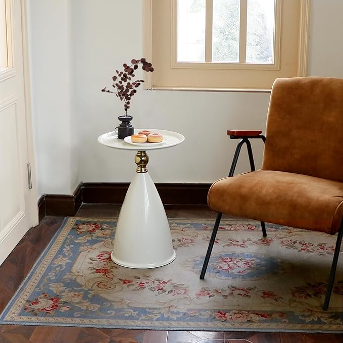 Small Round Side Table for Small Spaces, White Pedestal Modern Couch End Tables for Living Room, Unique Accent Sofa Drink Table Metal Martini Tables for Recliner, Bedroom