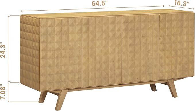 NTC Sapa Mid-Century Modern Solid Wood Sideboard – 4-Door Accent Buffet Cabinet with Carved Geometric Fronts, for Living Room, Dining Room, or Entryway, Effortless Assembly, Sand