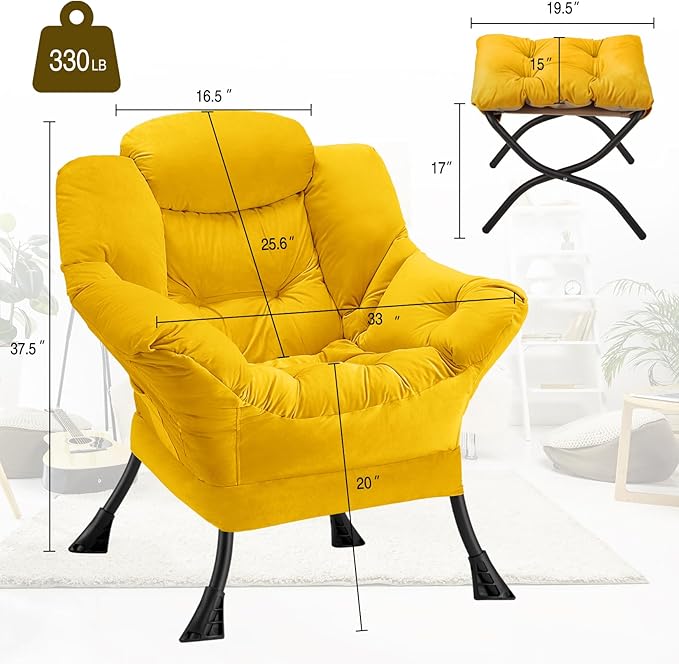 Lazy Chair with Folding Ottoman Modern Large Accent Chair,Contemporary Lounge Leisure Sofa Chair with Armrests Upholstered Sofa Armchair Reading Chair for Bedroom,Dorm & Office (Yellow-f)