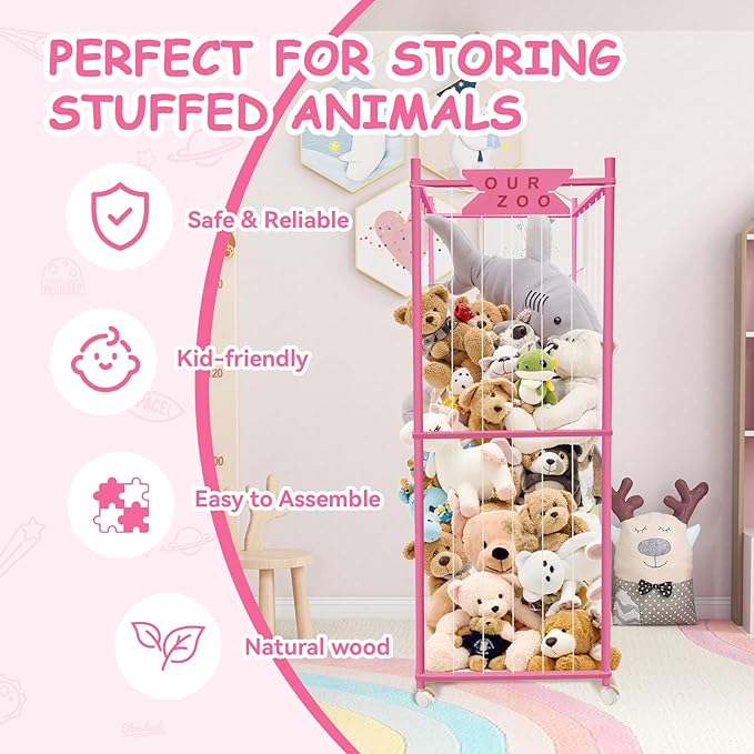 Stuffed Animal Storage Zoo with Wheels, Wooden Large Stuff Animals Plushies Holder Toy Organizer Kids Plush Storage Cage with Elastic Band and Net for Nursery Playroom Corner for Toddler (Hot Pink)