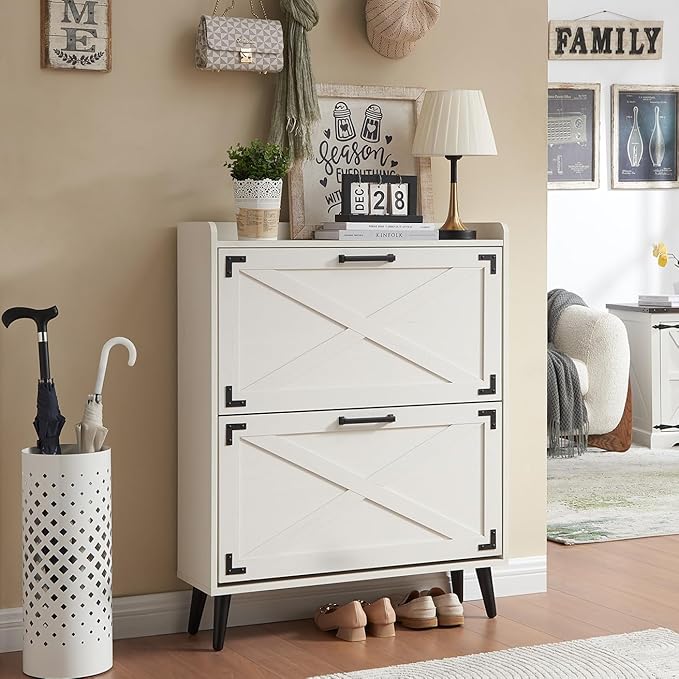 Shoe Storage Cabinet,Farmhouse Shoe Organizer with 2 Flip Drawers & Barn Door Design,Freestanding Hidden Slim Narrow Shoe Rack Cabinet for Entryway,Foyer,Hallway,Antique White