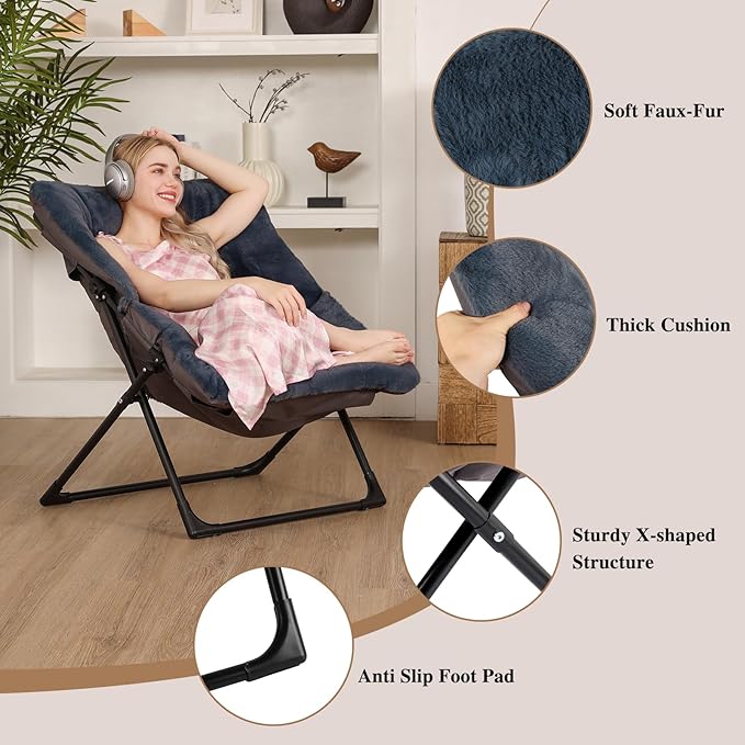 Comfy Saucer Chair for Adults, Soft Faux Fur Bedroom Chair, Accent Dorm Chairs, Flexible Living Room Reading Chairs, Oversized Folding Lounge Seat for Teens, X-Large, Navy Blue