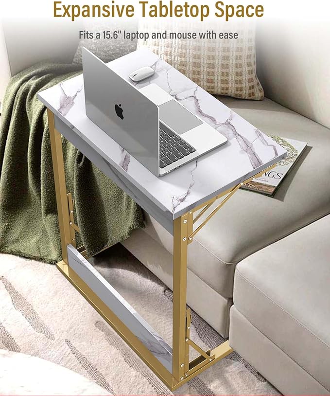 Tatub 24" Folding TV Tray Table, Marble C Shaped End Table for Couch, Small Sofa-Side Laptop Desk with Gold Metal Frame for Living Room, Bedroom, Bedside