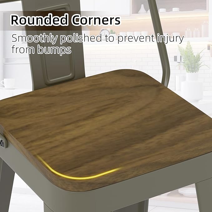 Rusty Bar Stools Set of 4, Metal Bar Stools with Wooden Seat, Modern 24”Counter Height Barstools with Low Back