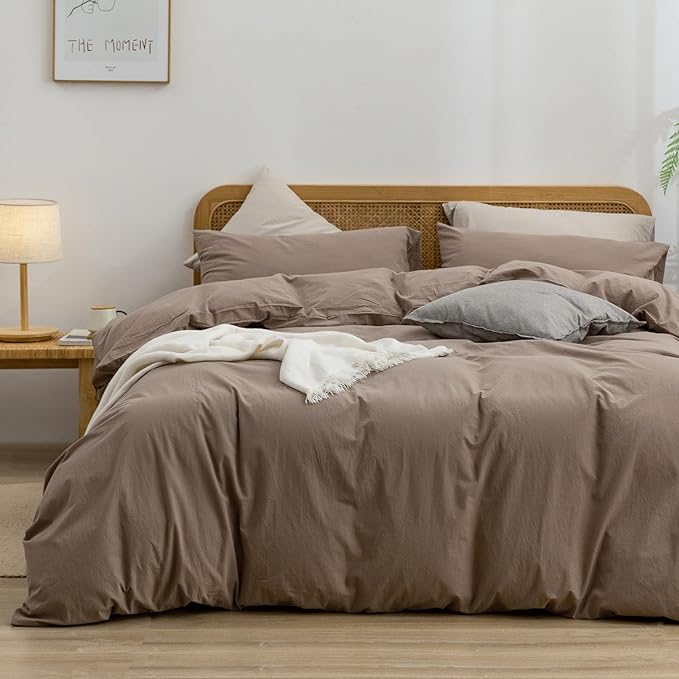 BESTOUCH Duvet Cover Set 100% Washed Cotton Linen Feel Super Soft Comfortable Chic Lightweight 3 PCs Home Bedding Set Solid Pine Bark Brown Super Queen