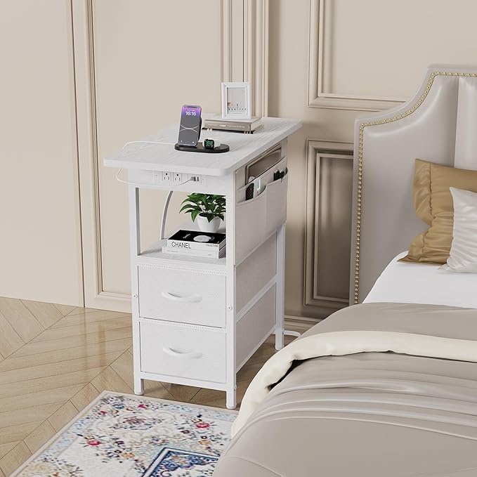 Small Side Table with Charging Station, Narrow Nightstand Bedside Tables with Storage Pocket for Living Room Bedroom, Sofa End Table with USB Ports and Power Outlets for Small Spaces