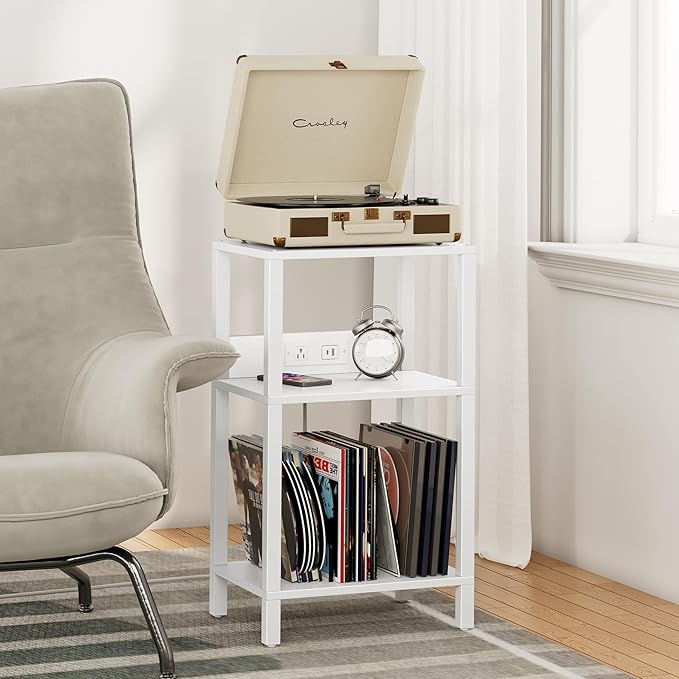 TUTOTAK Record Player Stand with Storage Up to 100 Albums，Record Storage Table,3 Tier End Table with Charging Station,Side Table for Living Room, Bedroom, White TB01BW076