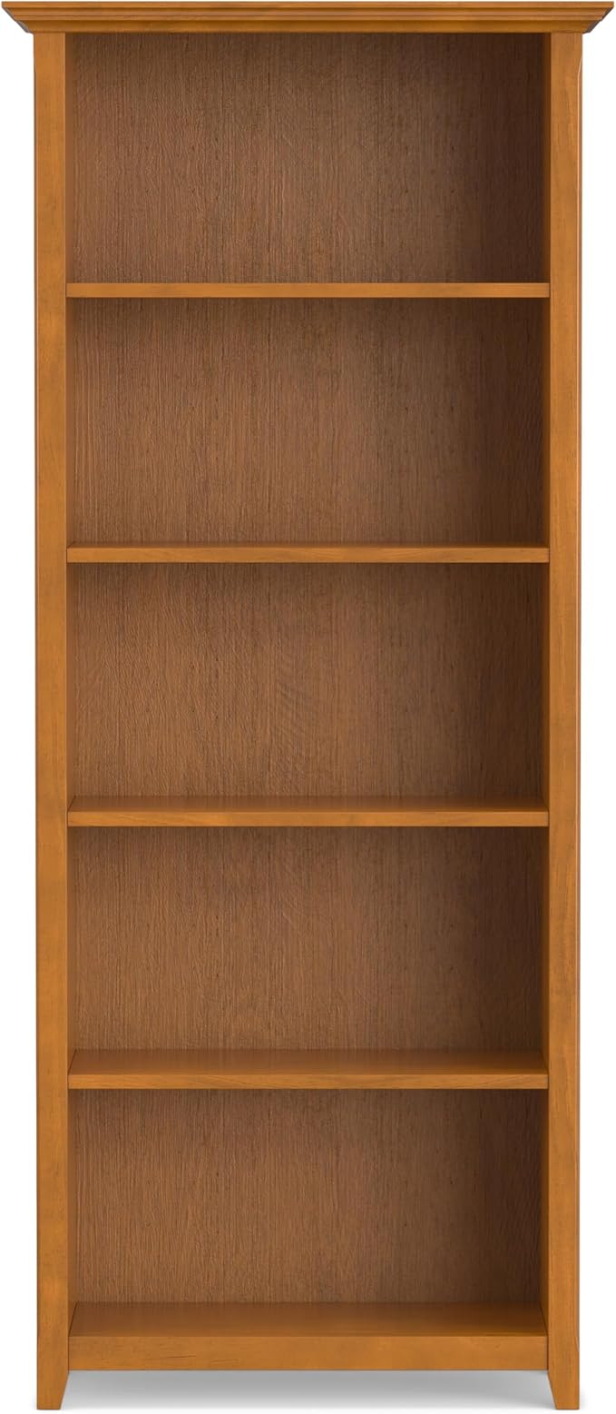 SIMPLIHOME Amherst Bookcase - 70 inch Tall 5-Shelf Solid Wood Bookshelf in Light Golden Brown, Transitional Storage for Living Room, Study Room or Office with Adjustable Shelves and Tapered Legs