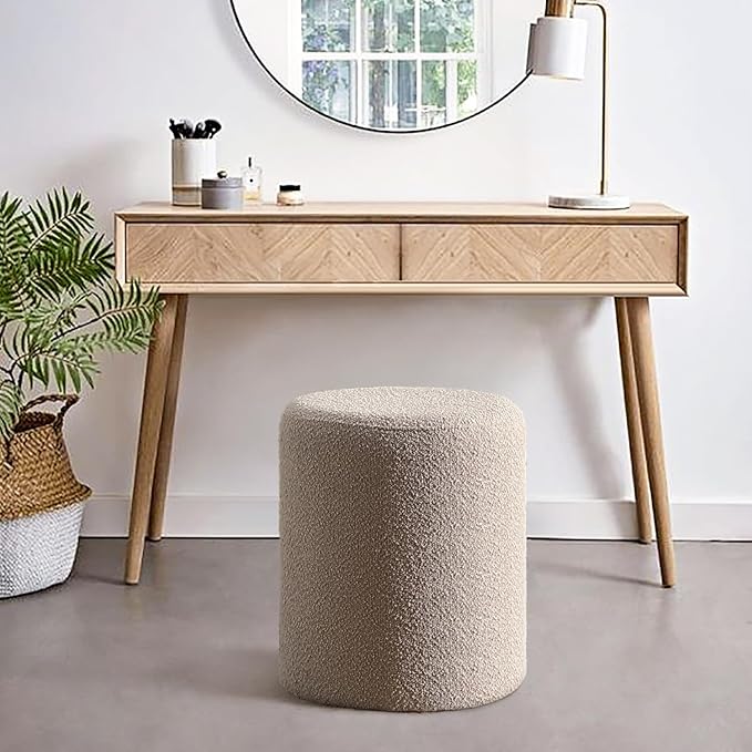 Get Set Style Modern Round Ottoman with Soft Padded Seat, Vanity Stool for Makeup, Upholstered Footrest Stool Ottoman Foot Stool for Living Room, Bedroom，White