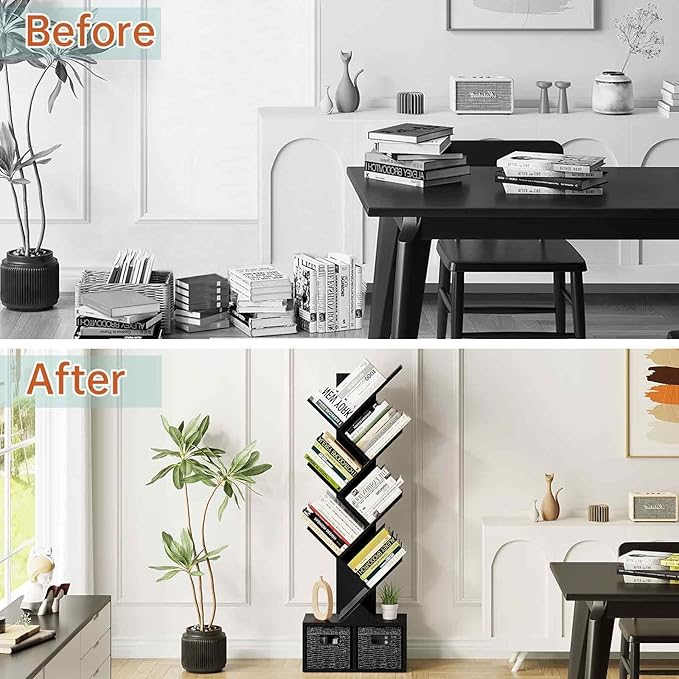 Vagusicc Tree Bookshelf, 6 Tier Bookshelf with Storage, Tall Narrow Bookcase, Rustic Wood Book Storage Rack for CDs/Books, Small Book Organizer Shelves for Bedroom, Living Room, Home Office, Black