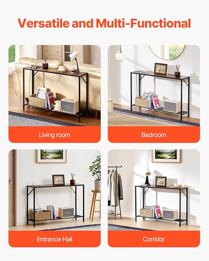 VEVOR Narrow Console Table, 41.7" Behind Couch Shelf with Power Outlets, 2-Tier Long Entryway Shelf, Sofa Table with Metal Frame and Charge Station, for Entryway, Hallway, Living Room