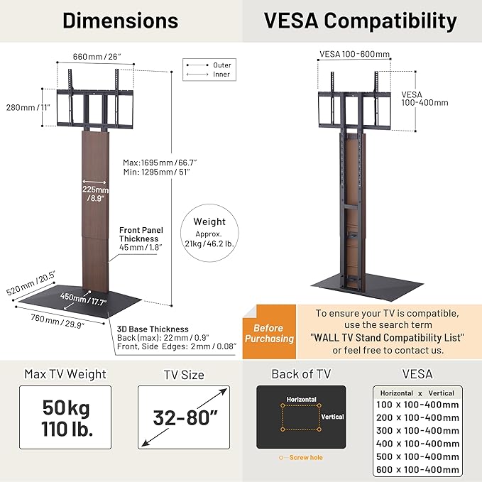 WALL V3 High Type | Sleek 32-80 Inch Universal Ultra Thin TV Stand | White Oak | for Living Room and Bedroom, Space Saving, Adjustable Mount, No Drill, Japan-Engineered Design