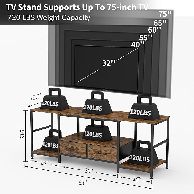 TV Stand for 75 Inch TV, TV Stands for Living Room with 2 Storage Drawers, Entertainment Center with Power Outlets, TV Stand for Bedroom, Television Stands, Brown/Black