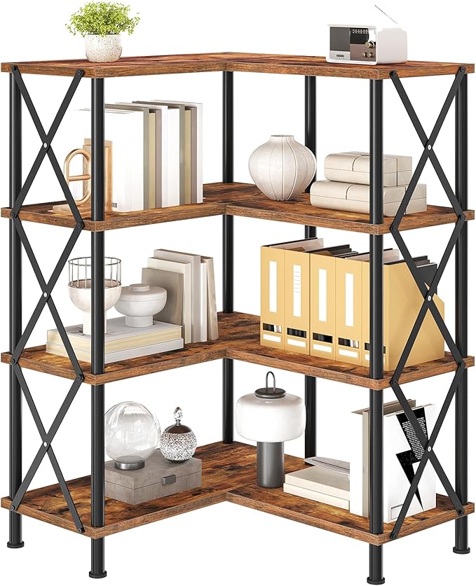 HOOBRO Corner Bookshelf, 4-Tier L-Shaped Bookcase, Industrial Open Display Shelf Tall Storage Organizer, Vertical Storage Rack, for Living Room, Home Office, Rustic Brown and Black BF59SJ01
