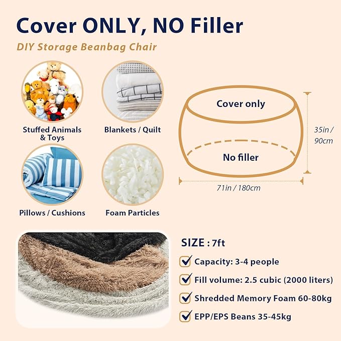 Big Bean Bag Cover Only, Washable Oversized Bean Bag Chairs Cover for Adults, Fluffy Plush Bean Bags Cover for Adults Teenagers without Filler Included, 7FT, Khaki