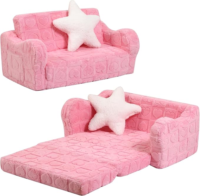 Extra Wider Seating Toddler Couch, 2-in-1 Toddler Soft Couch Fold Out with Star Pillow, Convertible Sofa to Lounger for Girls and Boys, Pink Heart
