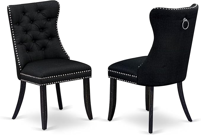 NKDA9-SBB-24-9-pc Dining Room Set Consists of a Rectangular Table and 8 Black Polyester Fabric Dining Chairs with Button Tufted Chair Back - Sand Blasting Black Finish.