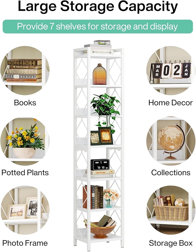 Tribesigns 78.7 Inch Extra Tall Narrow Bookshelf, 7 Tier Skinny Bookcase for Small Spaces, Freestanding Display Shelves, Multifunctional Corner Storage Organizer for Home Office, White
