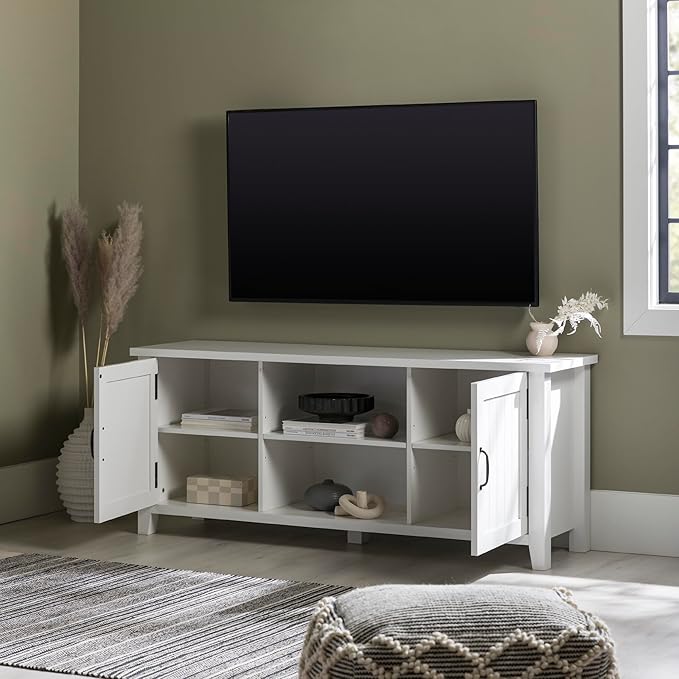 Walker Edison Buren Classic Grooved Door TV Stand for TVs up to 65 Inches, 58 Inch, Solid White