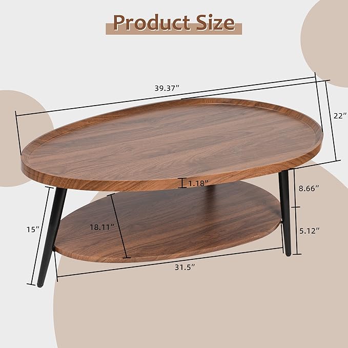 2-Tier Water-Shaped Wood Center Table Mid Century Oval Coffee Table Rustic Farmhouse for Living Room, Bedroom, 40", Brown