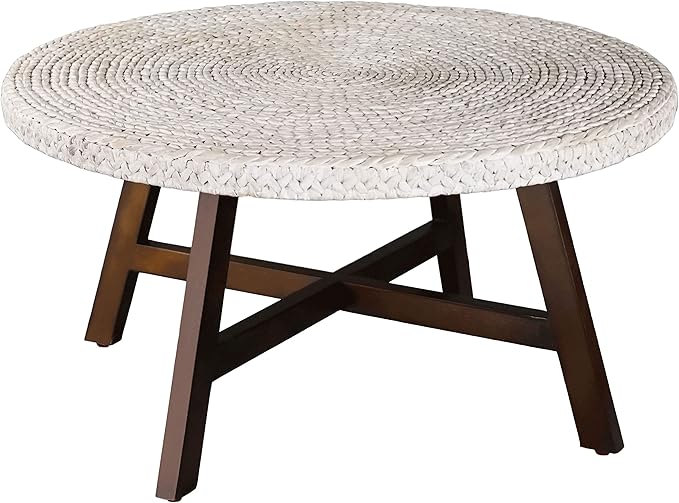 Round Coffee Table,RANDEFURN Seagrass Coffee Tables,Pine Wood X Base Frame Cocktail Table, Easy Assembled, Multiple Sizes for Living Room, Solid Wood Table,32 x 17 Inches,Whitewash