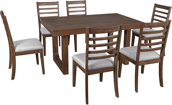 Merax 7 Piece Extendable Wooden Dining Table Set, Farmhouse Extendable with 18" Move Leaf, 78" Rustic and 6 Upholstered Chairs for Kitchen Room, Brown