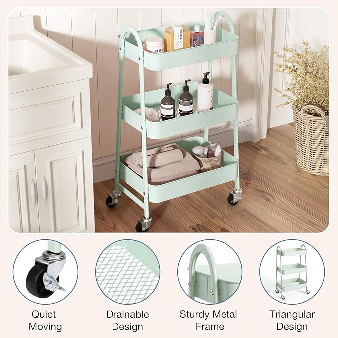 OLIXIS 3 Tier Utility Rolling Cart with Lockable Caster Wheels, Metal Mobile Storage Shelf, Organization for Livingroom, Bathroom, Kitchen, & Narrow Places, Pale Green
