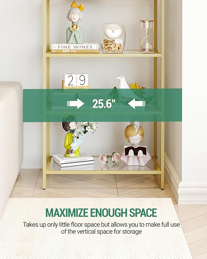 Bookcase Bookshelf, Tempered Glass Bookshelves, Slim Shelving Unit for Bedroom, Bathroom, Home Office, Steel Frame, 5 Tier Gold BC21599G